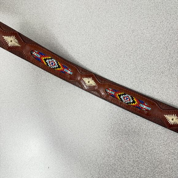 REI Beaded Leather Belt 30 Brown Colorful Stitched Western Southwest *No Buckle - Picture 6 of 11